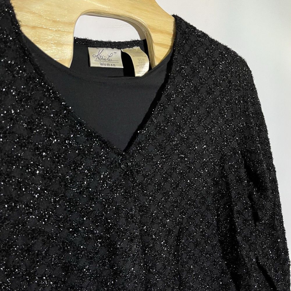 Vintage Kathie Lee Women's 26 28 Black Metallic Connected Shell Cardigan Holiday